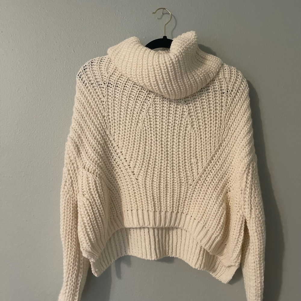Cream Cowl Neck Sweater with Chunky Knit and Cropped Length